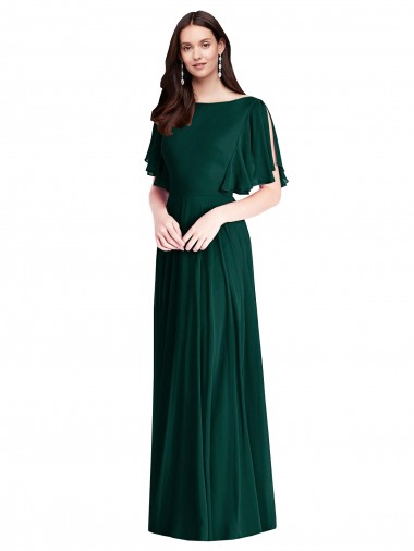 Affordable Bell Sleeves Bateau Neck Soft Chiffon Ever Green Long Semi Formal Evening Dress