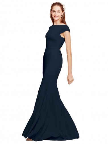 Affordable Sleeveless Boat Neck Stretch Crepe Dark Navy Long Formal Evening Dress