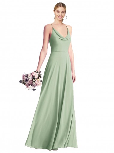 Affordable Sleeveless Cowl Neck Chiffon Sage Long Evening Dress