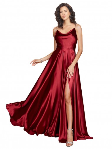 Affordable Sleeveless Cowl Neck Silky Satin Burgundy Long Black Tie Evening Gowns