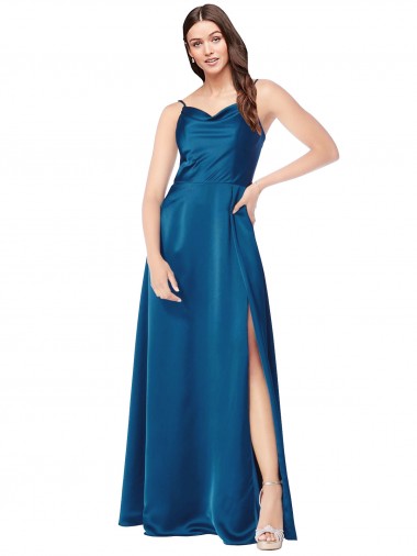Affordable Sleeveless Cowl Neck Silky Satin Peacock Blue Long Formal Evening Dress
