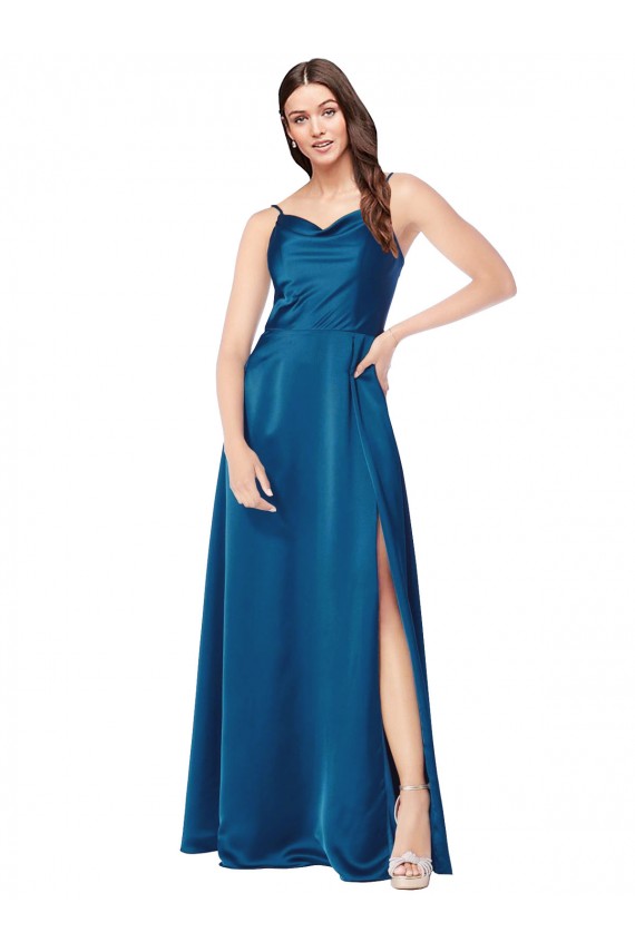 Affordable Sleeveless Cowl Neck Silky Satin Peacock Blue Long Formal Evening Dress