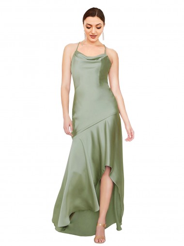 Affordable Sleeveless Cowl Neck Silky Satin Smoke Green Long High Low Evening Dress