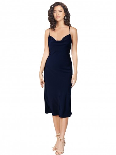 Affordable Sleeveless Cowl Neck Silky Satin Dark Navy Midi Length Formal Evening Dress