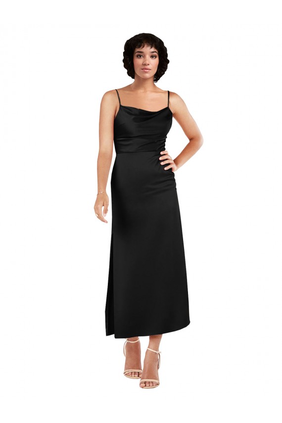 Affordable Sleeveless Cowl Neck Silky Satin Black Tea Length Formal Evening Dress
