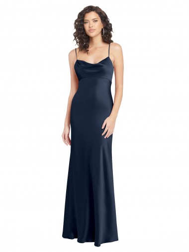 Affordable Sleeveless Cowl Neck Stretch Satin Dark Navy Long Black Tie Evening Dress