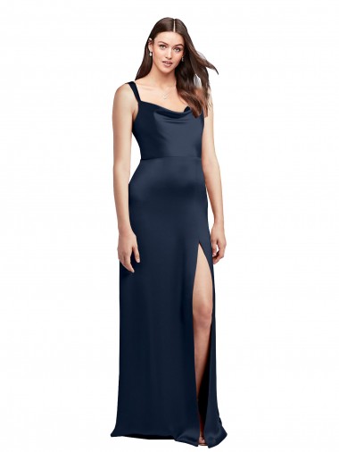 Affordable Sleeveless Cowl Neck Stretch Satin Dark Navy Long Formal Evening Dress