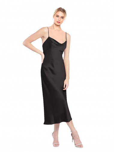 Affordable Sleeveless Cowl Neck Stretch Satin Black Midi Length Formal Evening Dress