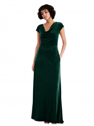 Affordable Cap Sleeves Cowl Neck Stretch Velvet Dark Green Long Black Tie Evening Dress