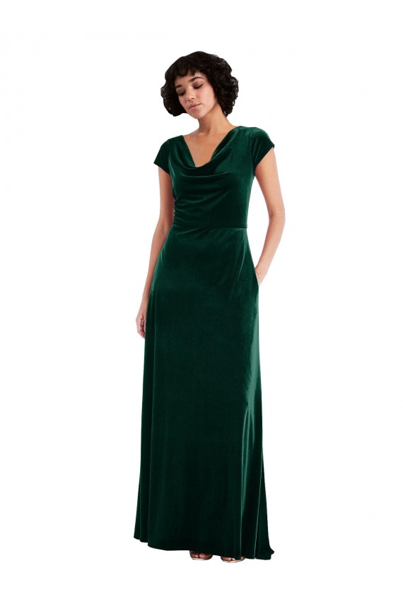 Affordable Cap Sleeves Cowl Neck Stretch Velvet Dark Green Long Black Tie Evening Dress