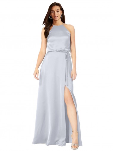 Affordable Sleeveless Halter Neck Silky Satin Fog Long Formal Evening Dress