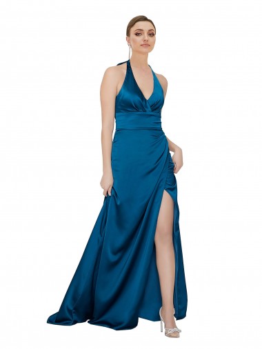Affordable Sleeveless Halter Neck Silky Satin Peacock Blue Long Formal Evening Dress