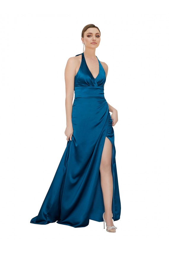Affordable Sleeveless Halter Neck Silky Satin Peacock Blue Long Formal Evening Dress