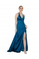 Affordable Sleeveless Halter Neck Silky Satin Peacock Blue Long Formal Evening Dress