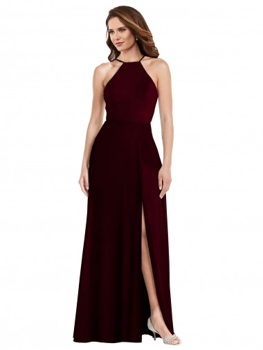 Affordable Sleeveless Halter Neck Soft Chiffon Burgundy Gold Long Semi Formal Evening Dress