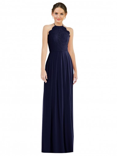 Affordable Sleeveless Halter Neck Soft Chiffon Dark Navy Long Semi Formal Evening Dress