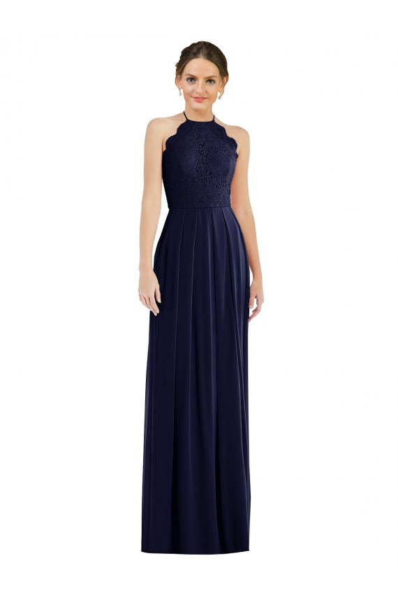 Affordable Sleeveless Halter Neck Soft Chiffon Dark Navy Long Semi Formal Evening Dress
