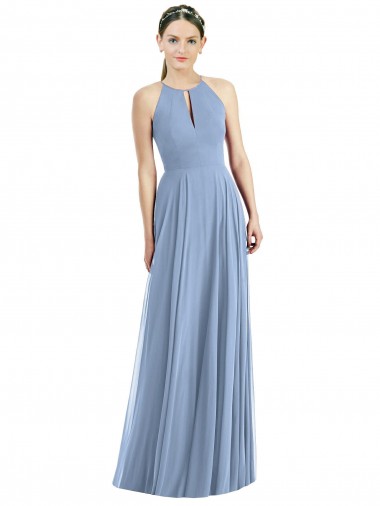 Affordable Sleeveless Halter Neck Soft Chiffon Dusty Blue Long Semi Formal Evening Dress