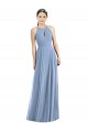 Affordable Sleeveless Halter Neck Soft Chiffon Dusty Blue Long Semi Formal Evening Dress