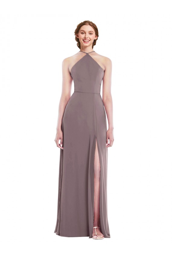Affordable Sleeveless Halter Neck Soft Chiffon Dusty Rose Long Formal Evening Dress