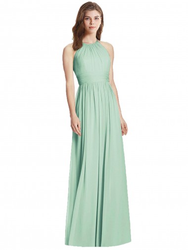 Affordable Sleeveless Halter Neck Soft Chiffon Mint Green Long Semi Formal Evening Dress