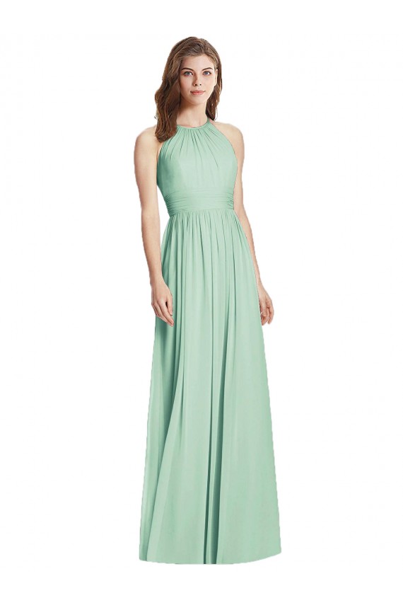 Affordable Sleeveless Halter Neck Soft Chiffon Mint Green Long Semi Formal Evening Dress