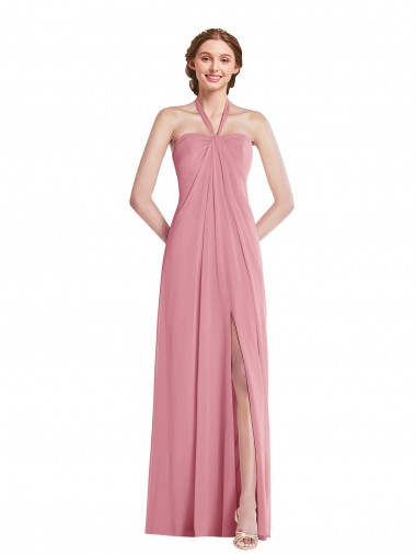 Affordable Sleeveless Halter Neck Soft Chiffon Skin Pink Long Semi Formal Evening Dress