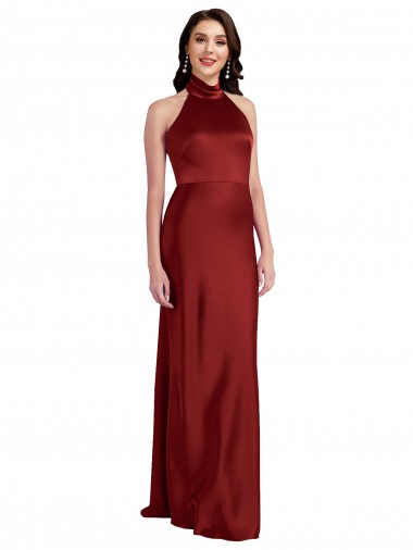 Affordable Sleeveless Halter Neck Stretch Satin Burgundy Long Black Tie Evening Dress
