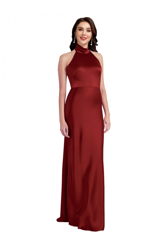 Affordable Sleeveless Halter Neck Stretch Satin Burgundy Long Black Tie Evening Dress