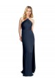 Affordable Sleeveless Halter Neck Stretch Satin Dark Navy Long Formal Evening Dress