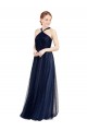 Affordable Sleeveless Halter Neck Tulle Navy Blue Long Evening Dress