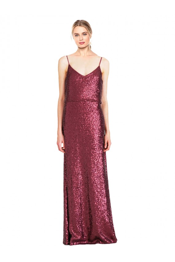 Affordable Sleeveless High Neck Sequin Burgundy Long Formal Evening Dress