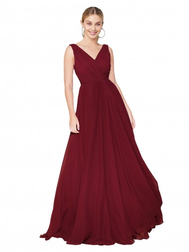 Affordable Sleeveless High Neck Soft Chiffon Burgundy Long Formal Dress