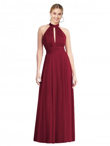 Affordable Sleeveless High Neck Soft Chiffon Burgundy Long Semi Formal Evening Dress