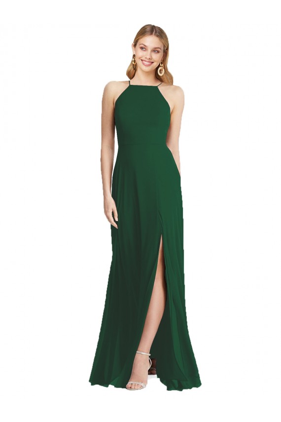 Affordable Sleeveless High Neck Soft Chiffon Dark Green Long Semi Formal Evening Dress