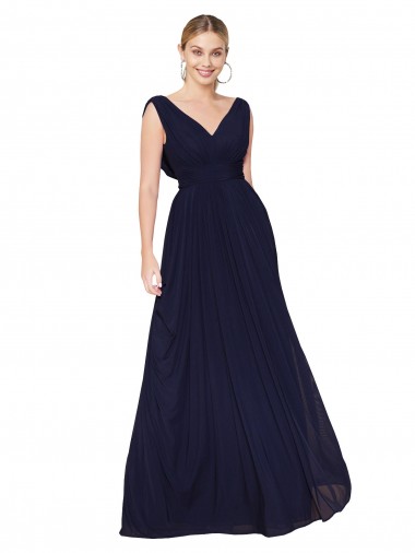 Affordable Sleeveless High Neck Soft Chiffon Dark Navy A-Line Long Formal Evening Dress