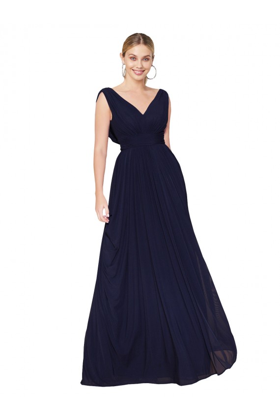 Affordable Sleeveless High Neck Soft Chiffon Dark Navy A-Line Long Formal Evening Dress