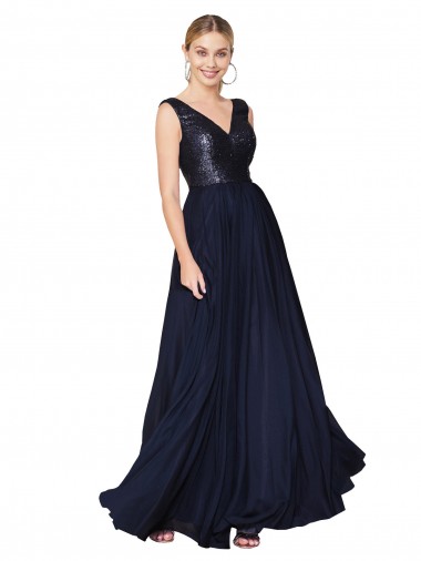 Affordable Sleeveless High Neck Soft Chiffon & Sequin Dark Navy Long Semi Formal Evening Dress