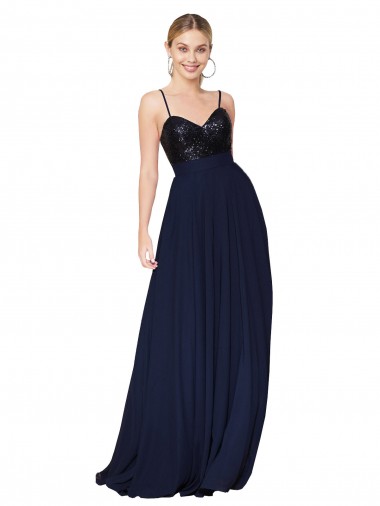 Affordable Sleeveless High Neck Soft Chiffon & Sequin Dark Navy Long Semi Formal Evening Gowns