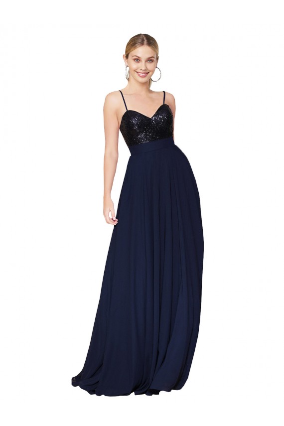 Affordable Sleeveless High Neck Soft Chiffon & Sequin Dark Navy Long Semi Formal Evening Gowns