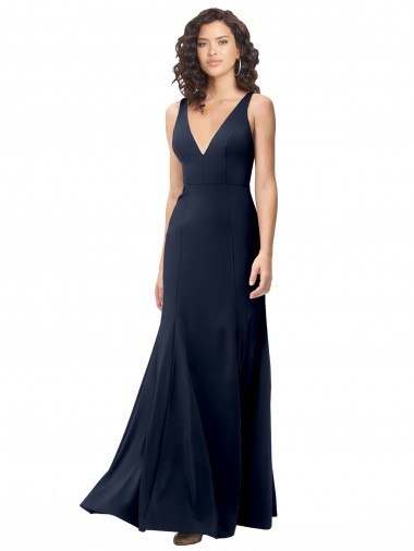 Affordable Sleeveless High Neck Stretch Crepe Dark Navy A-Line Long Formal Dress