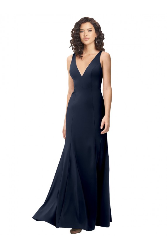 Affordable Sleeveless High Neck Stretch Crepe Dark Navy A-Line Long Formal Dress