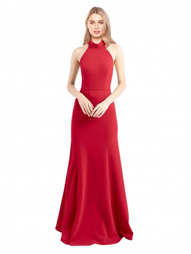 Affordable Sleeveless High Neck Stretch Crepe Red A-Line Long Formal Evening Dress