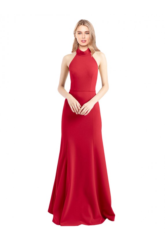 Affordable Sleeveless High Neck Stretch Crepe Red A-Line Long Formal Evening Dress