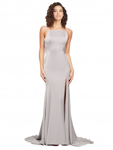 Affordable Sleeveless High Neck Stretch Satin Sweep Train Formal Evening Dress
