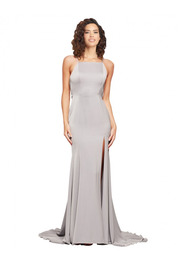 Affordable Sleeveless High Neck Stretch Satin Sweep Train Formal Evening Dress