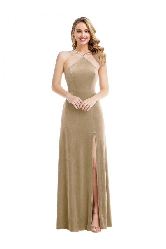 Affordable Sleeveless High Neck Stretch Velvet Champagne Long Semi Formal Evening Dress