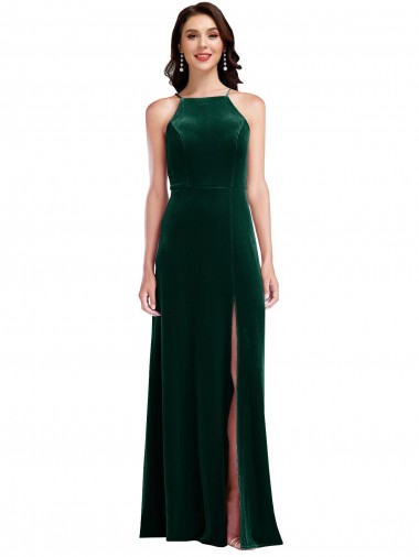 Affordable Sleeveless High Neck Stretch Velvet Dark Green Long Semi Formal Evening Dress