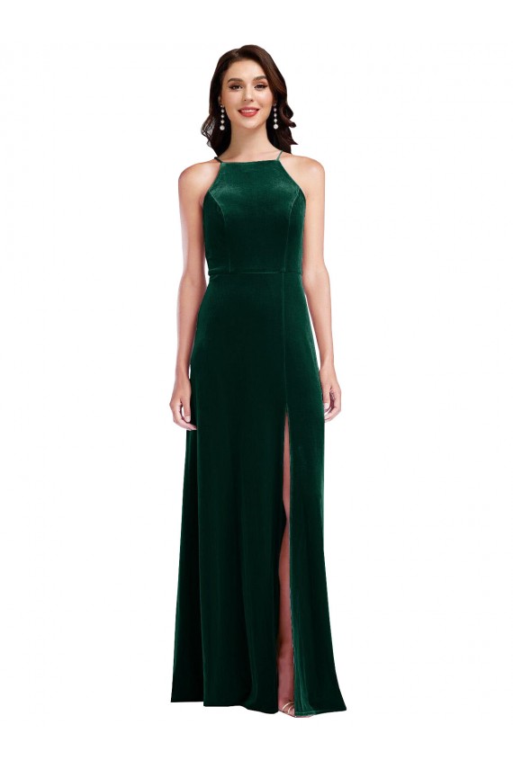 Affordable Sleeveless High Neck Stretch Velvet Dark Green Long Semi Formal Evening Dress