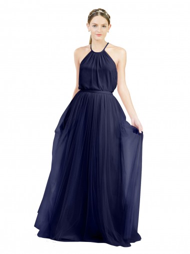 Affordable Sleeveless High Neck Tulle Navy Blue Long Semi Formal Evening Dress